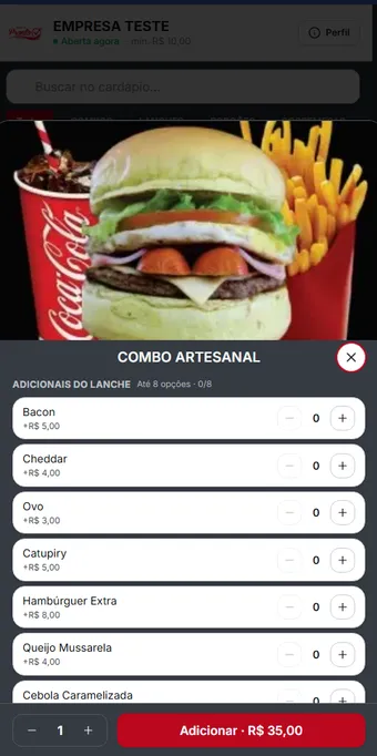 Tela de escolha de adicionais de um combo no cardápio digital, com bacon, cheddar, ovo, catupiry e hambúrguer extra, cada um com o preço somado ao total