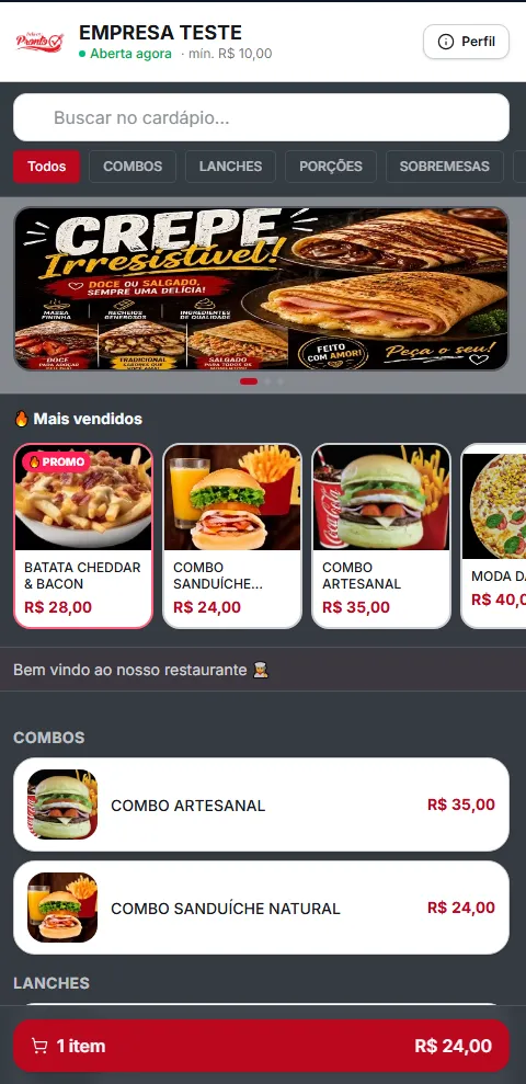 Cardápio digital do AXIA aberto no celular do cliente, com banner de destaque, produtos mais vendidos, categorias e o carrinho fixo no rodapé