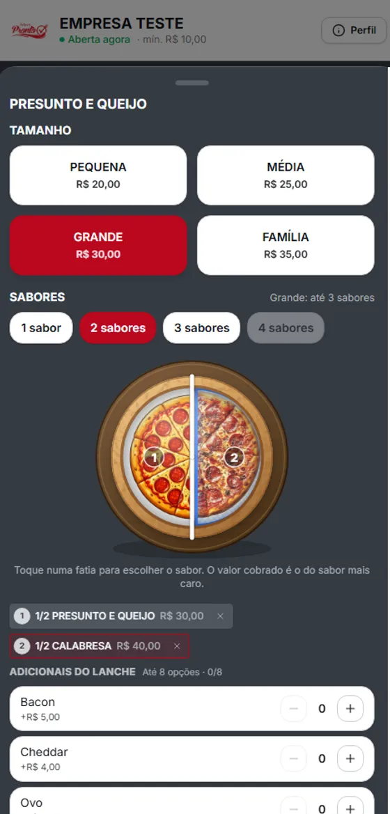 Montagem de pizza no cardápio digital: escolha de tamanho, quantidade de sabores e seleção por fatia, com aviso de que o valor cobrado é o do sabor mais caro