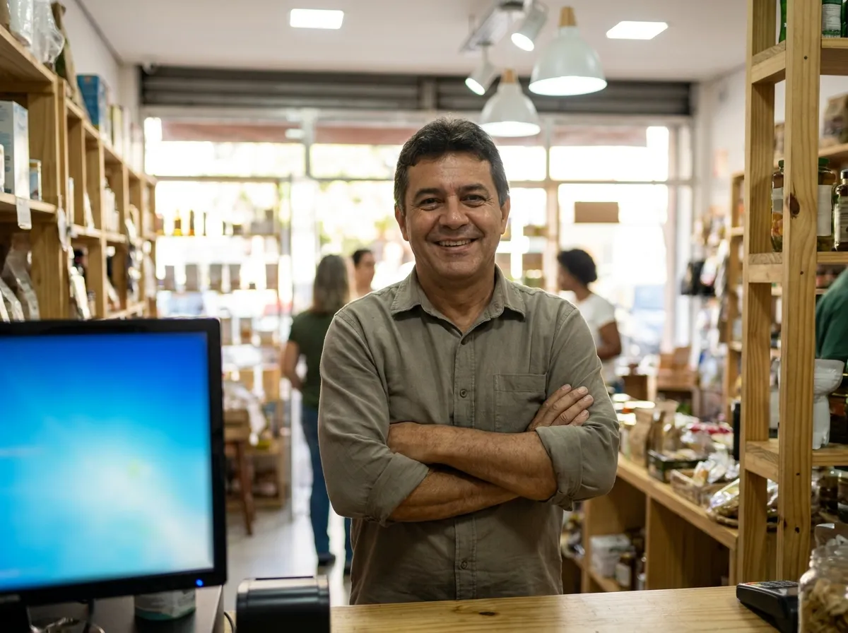 Dono de comércio sorrindo no balcão da loja com o computador do sistema ao lado