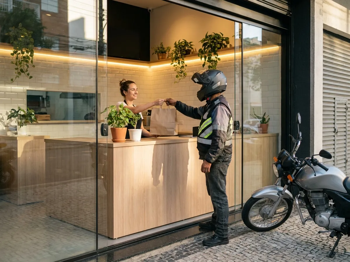 Entregador de moto recebendo a sacola de um pedido na porta do restaurante