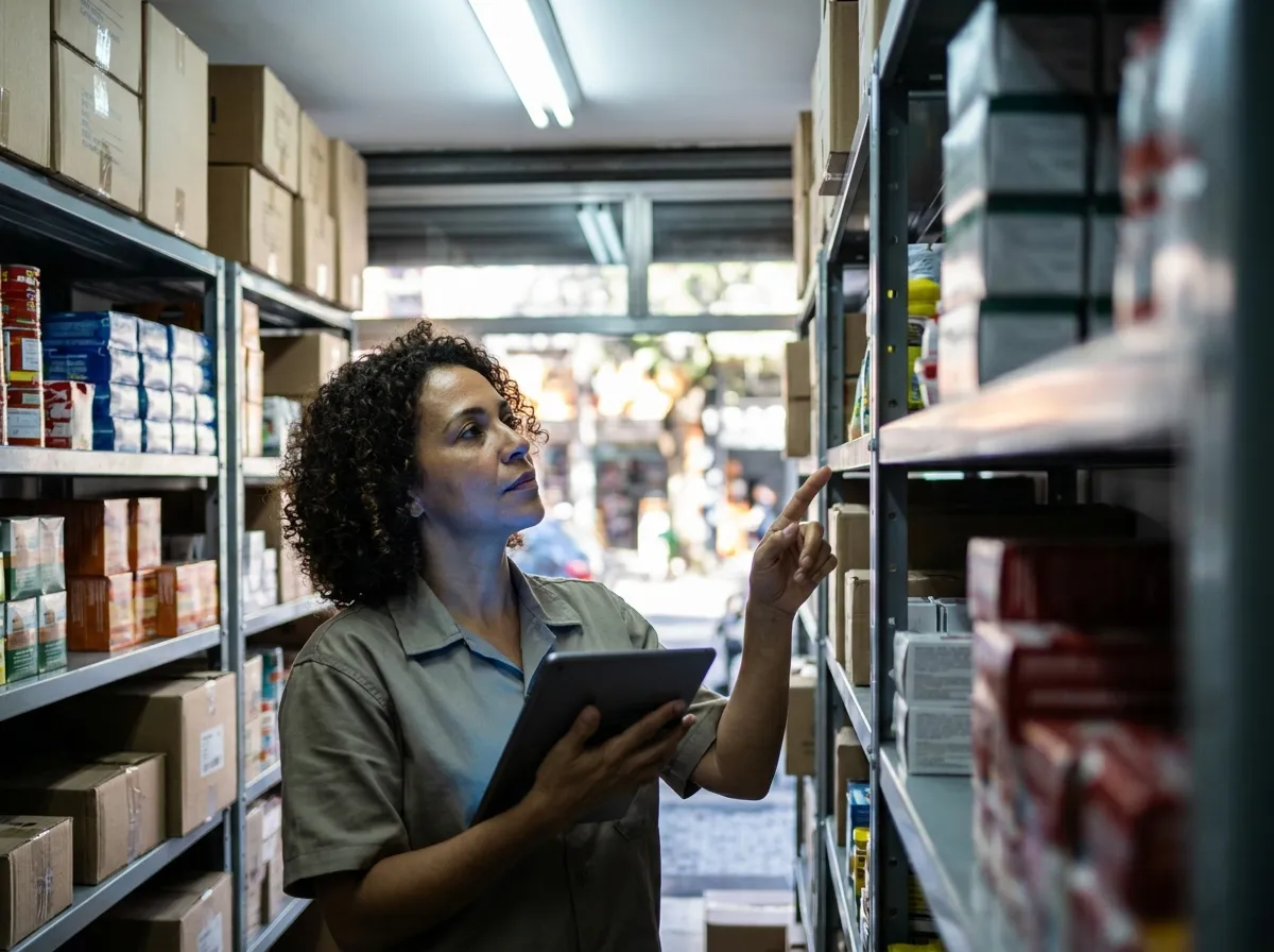 Gerente conferindo o estoque com um tablet entre prateleiras de mercadoria