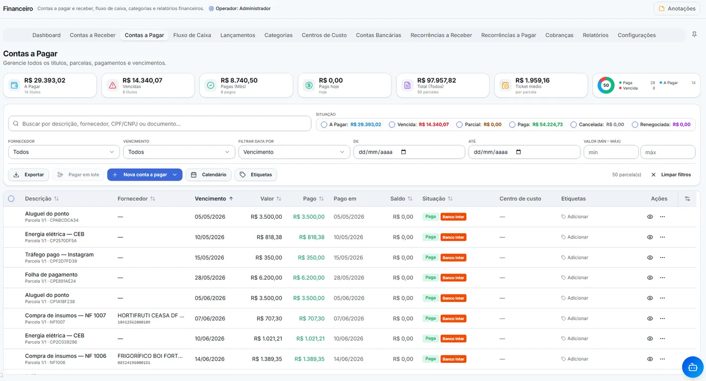 Tela de contas a pagar do módulo financeiro, com totais por situação, filtros por fornecedor e vencimento e a lista de parcelas com valor, data de pagamento e situação