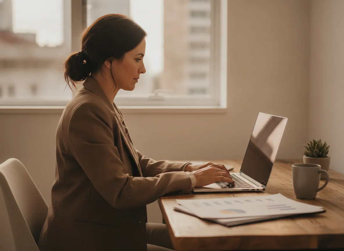 Empresária analisando os números do negócio no computador do escritório
