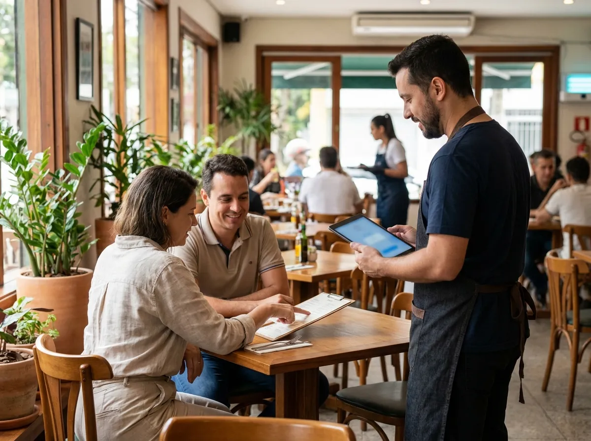 Garçom anotando o pedido de uma mesa em um tablet no salão do restaurante