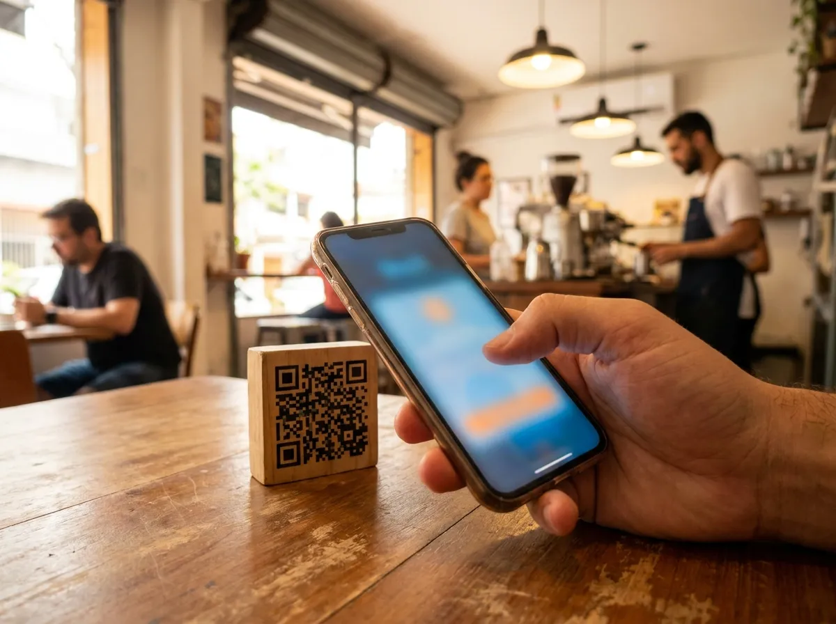 Cliente escaneando com o celular o QR Code do cardápio sobre a mesa do restaurante