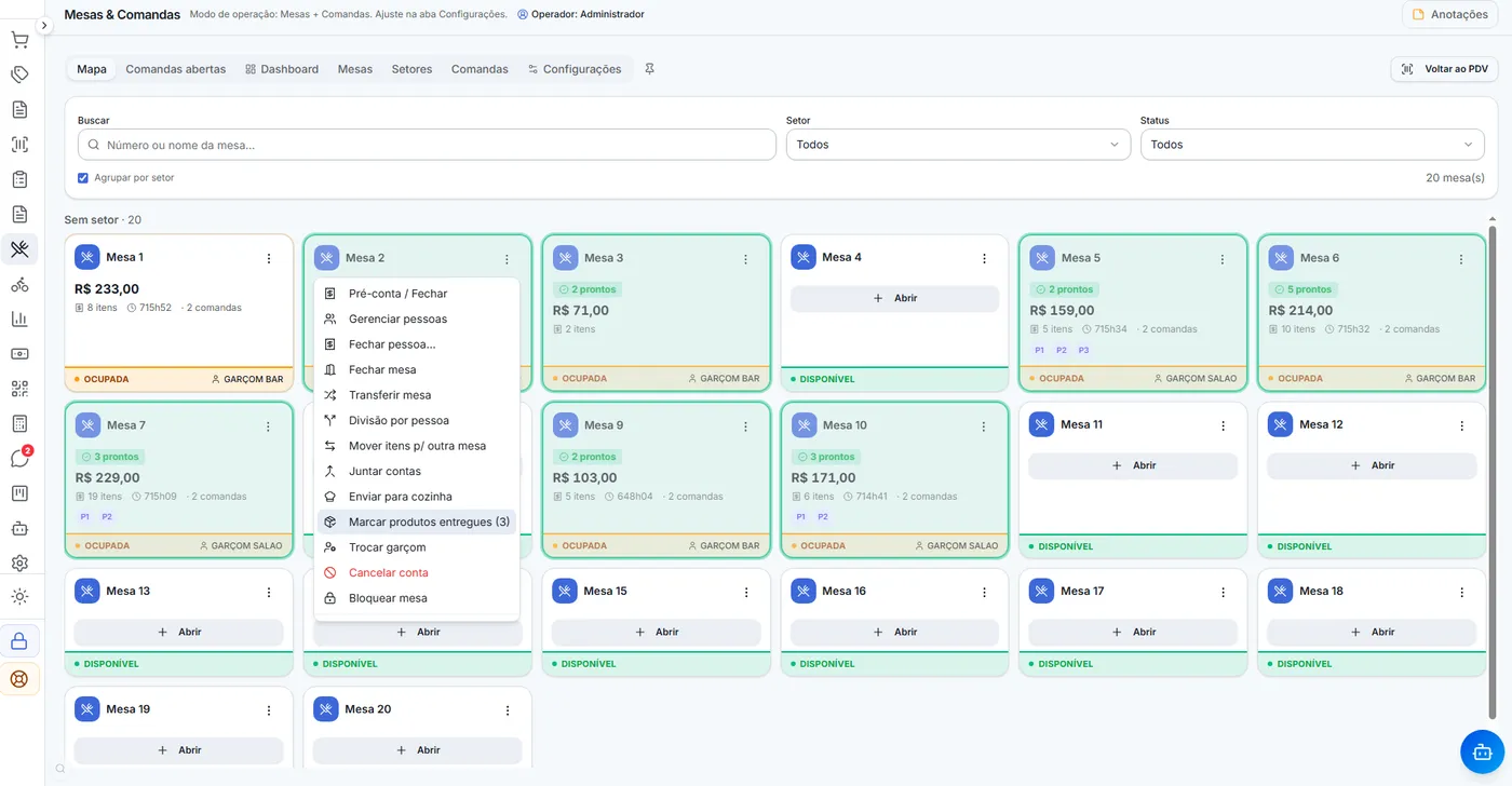 Mapa de mesas do AXIA ERP com 20 mesas, indicando ocupadas e disponíveis, valor e tempo de cada uma, e o menu de ações com pré-conta, divisão por pessoa, transferir mesa e enviar para cozinha