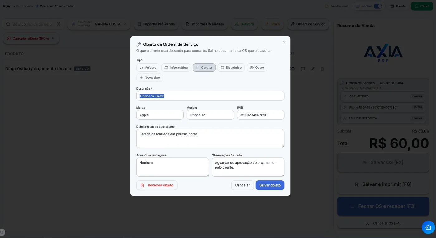 Cadastro do objeto de uma ordem de serviço no PDV, com tipo do aparelho, marca, modelo, IMEI, defeito relatado pelo cliente e acessórios entregues