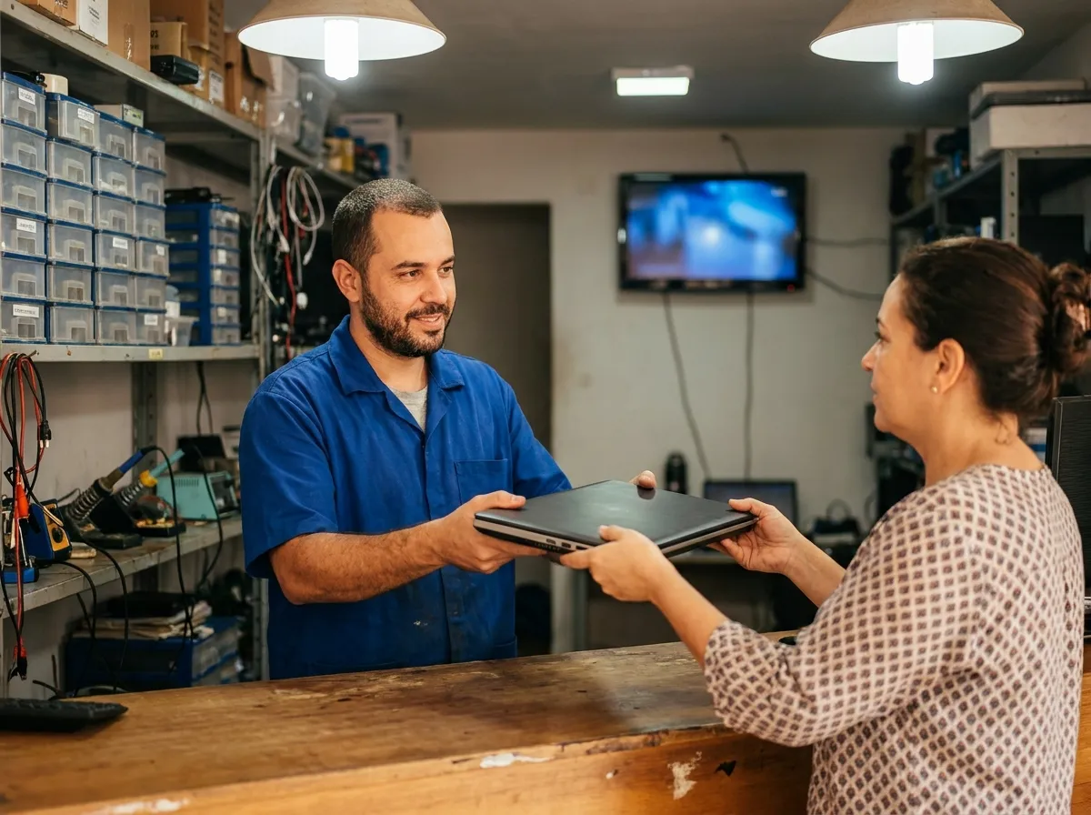Técnico de assistência recebendo um notebook de um cliente no balcão