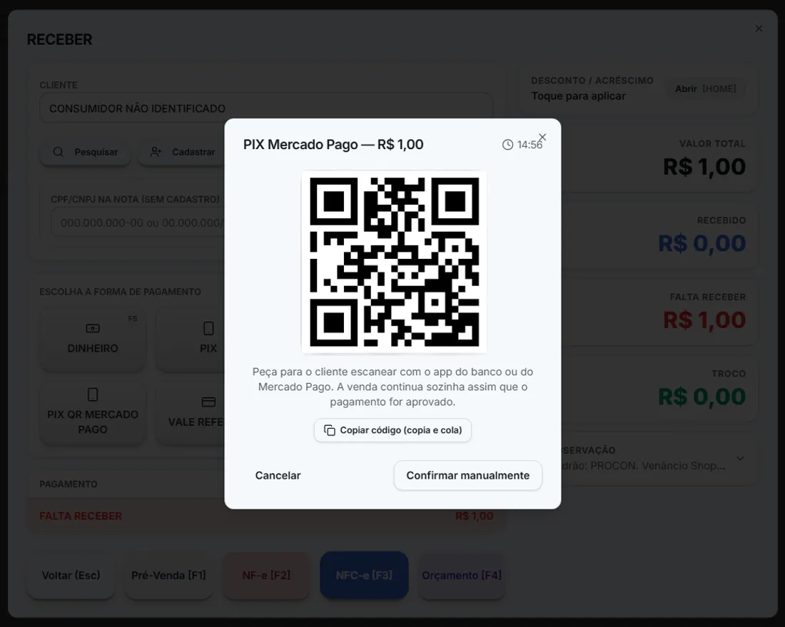 Janela de pagamento PIX pelo Mercado Pago dentro do PDV, com QR Code na tela para o cliente escanear e confirmação automática quando o pagamento é aprovado