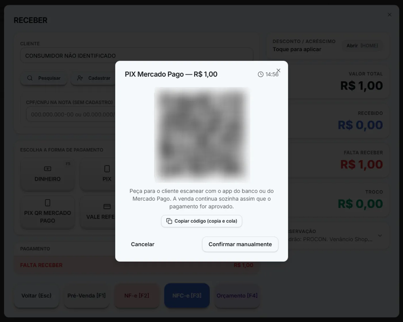 Janela de pagamento PIX pelo Mercado Pago dentro do PDV, com QR Code na tela para o cliente escanear e confirmação automática quando o pagamento é aprovado