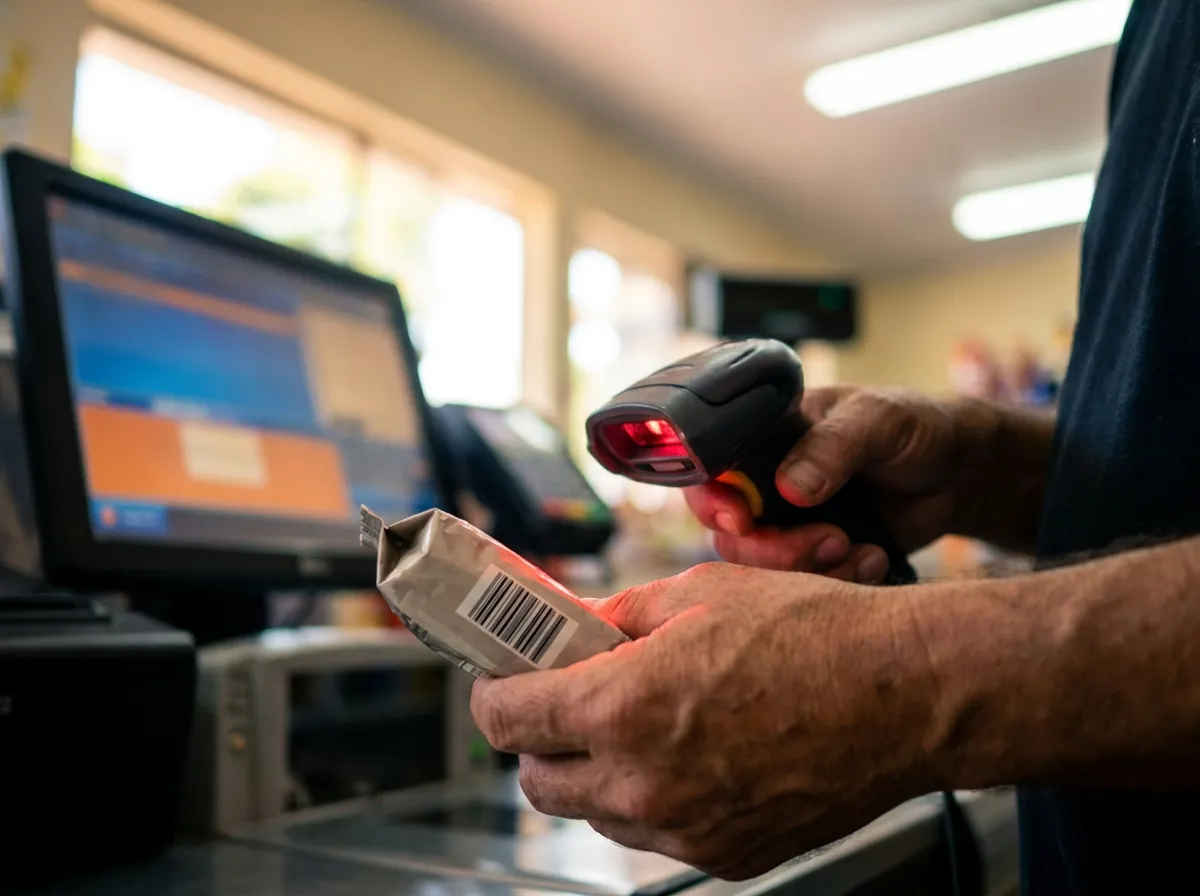 Operador de caixa bipando um produto com leitor de código de barras no balcão