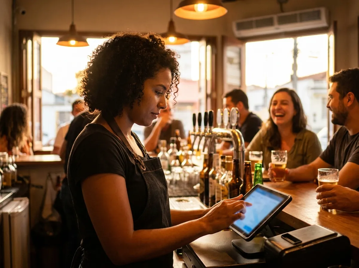 Atendente de bar lançando uma comanda em um tablet atrás do balcão