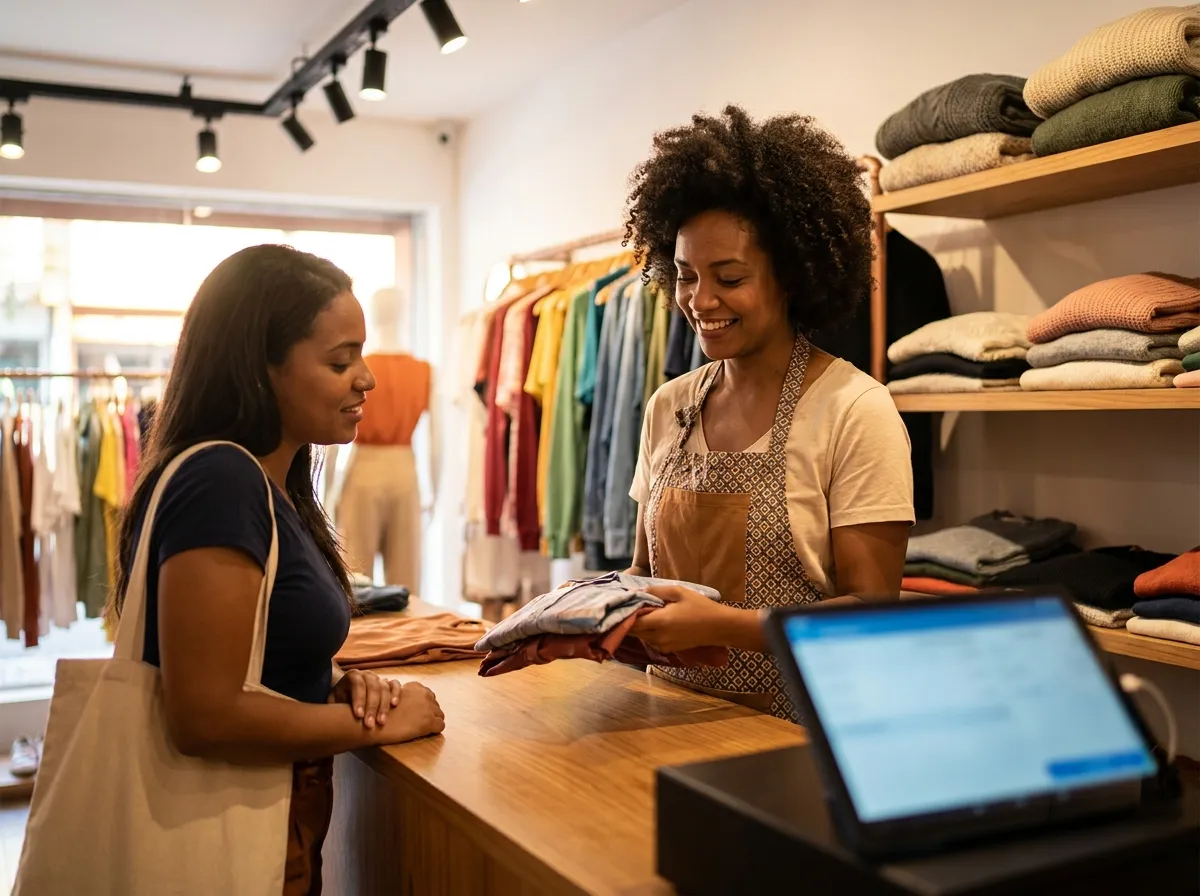 Vendedora atendendo uma cliente no balcão de uma loja de roupas