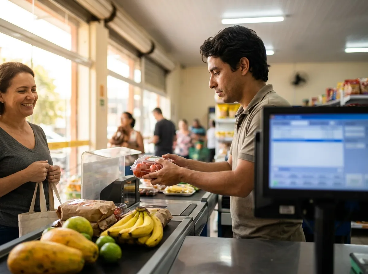 Operador de caixa passando produtos no PDV de um supermercado