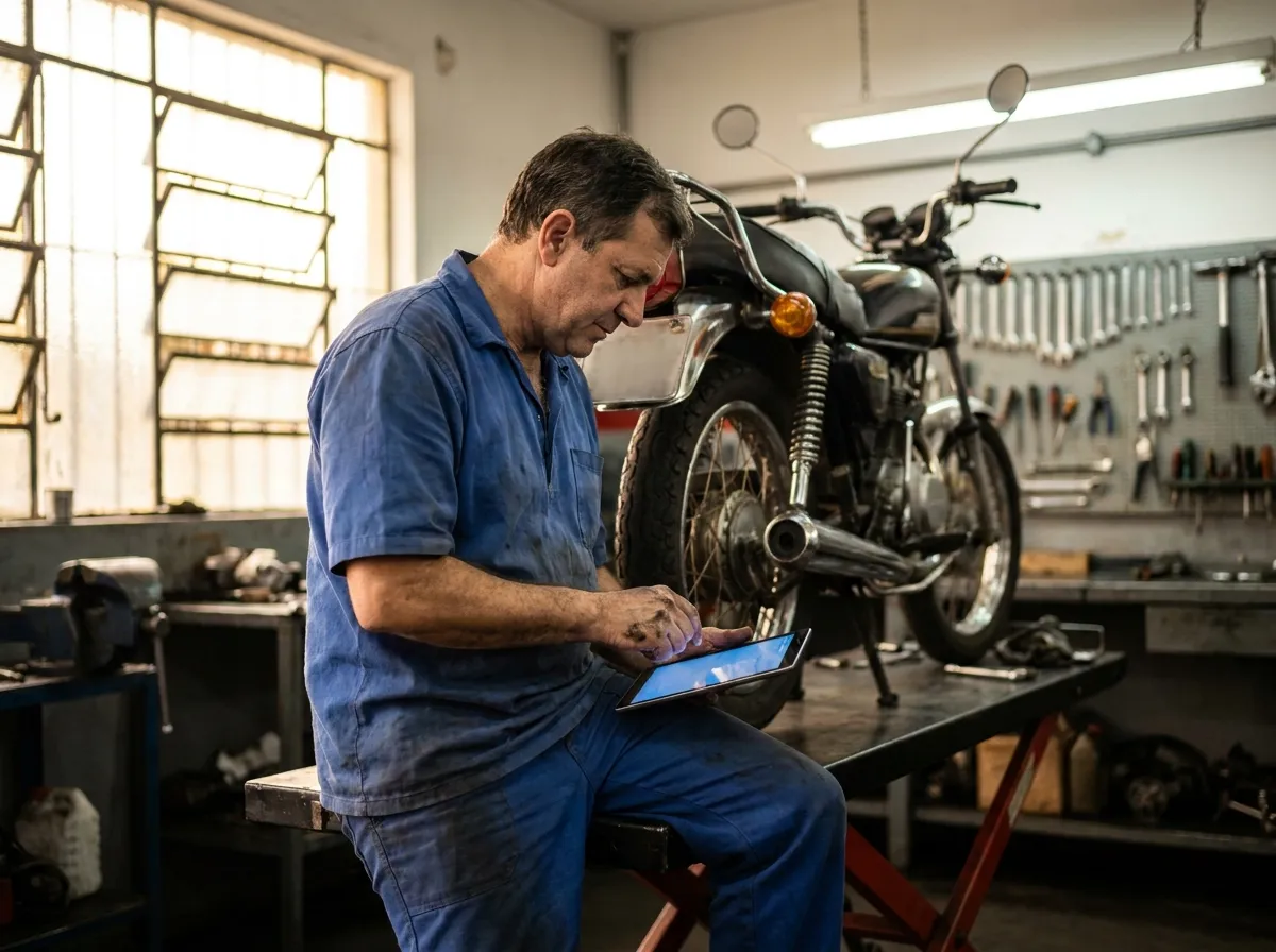 Mecânico consultando um tablet ao lado de uma moto na oficina