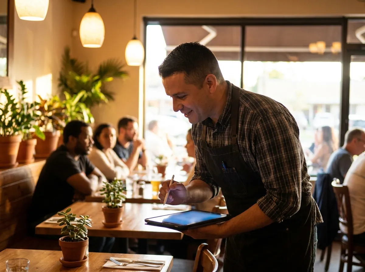 Atendente de restaurante registrando um pedido em um tablet no salão