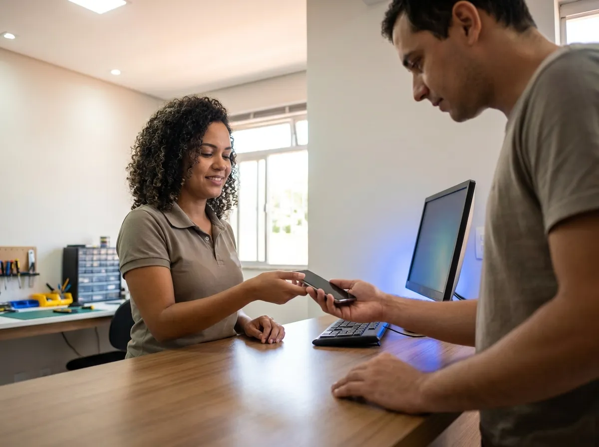 Profissional de assistência técnica atendendo um cliente no balcão com um computador