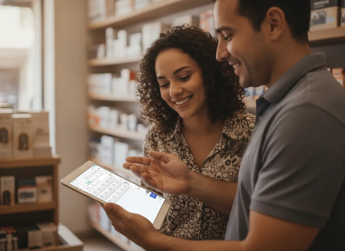 Vendedor consultando produtos em um tablet enquanto atende um cliente na loja